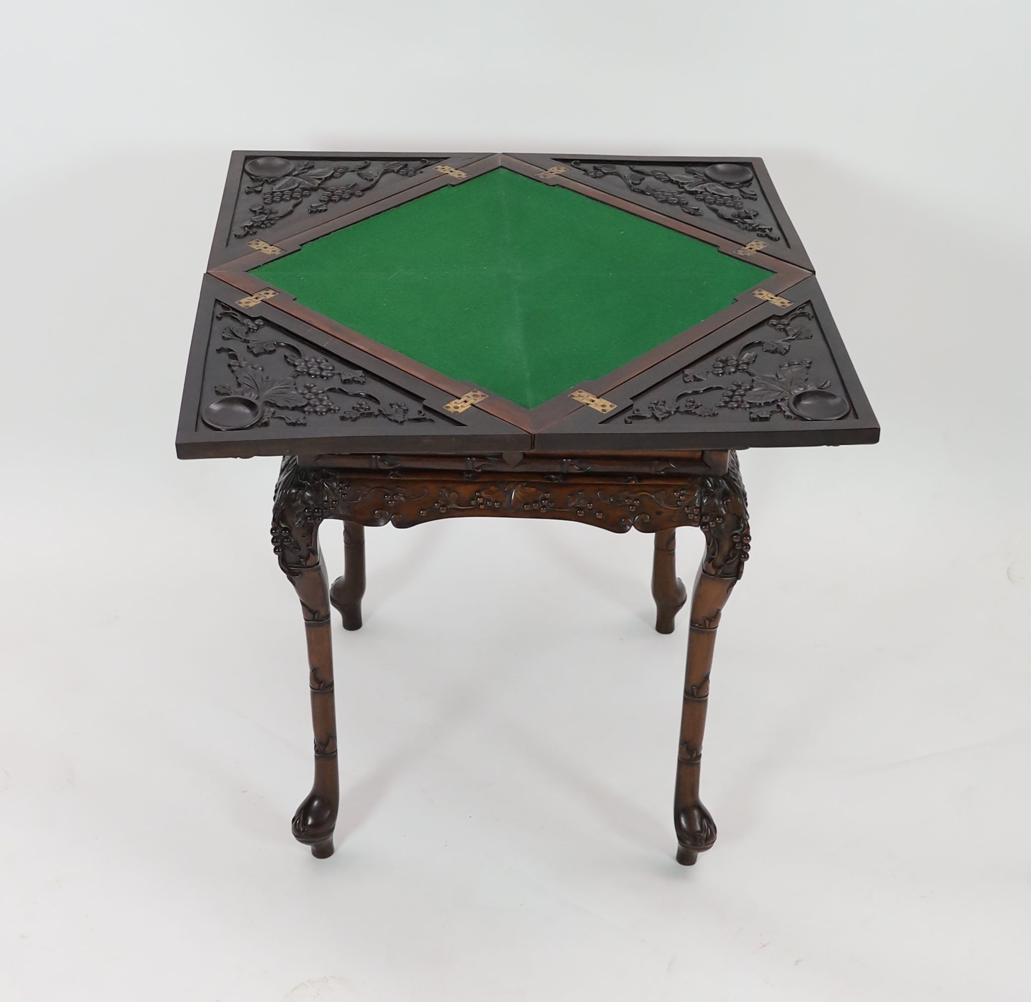 A Chinese hongmu ‘dragon’ envelope card table, c.1910, 55 cm Square, 78 cm high, some splits